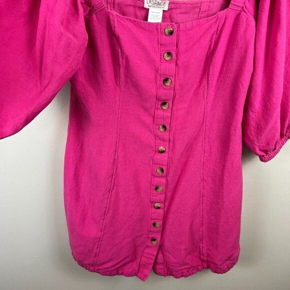 L Space Marina Button Front Dress Size Medium Pink Linen Blend Square Neck - Picture 6 of 12